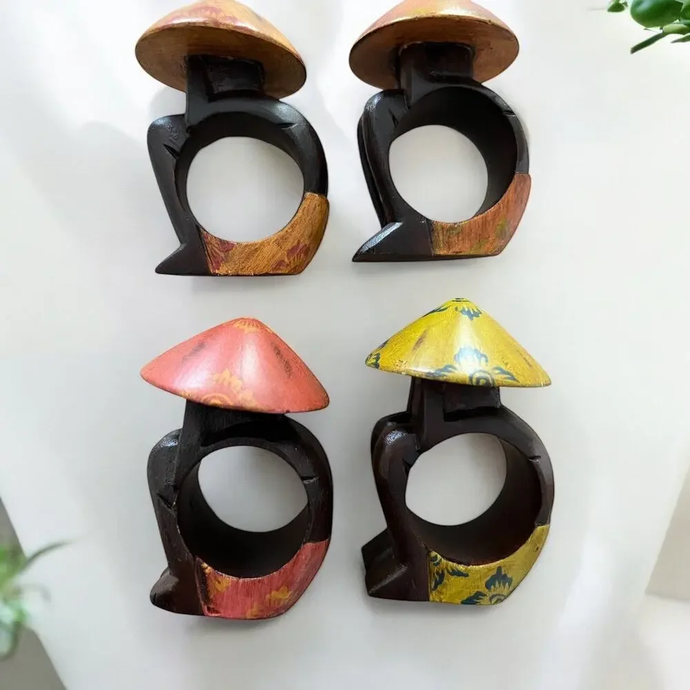 PIER 1 IMPORTS Wooden Carved Napkin Rings Asian SET OF 4 RICE HAT 1717-33